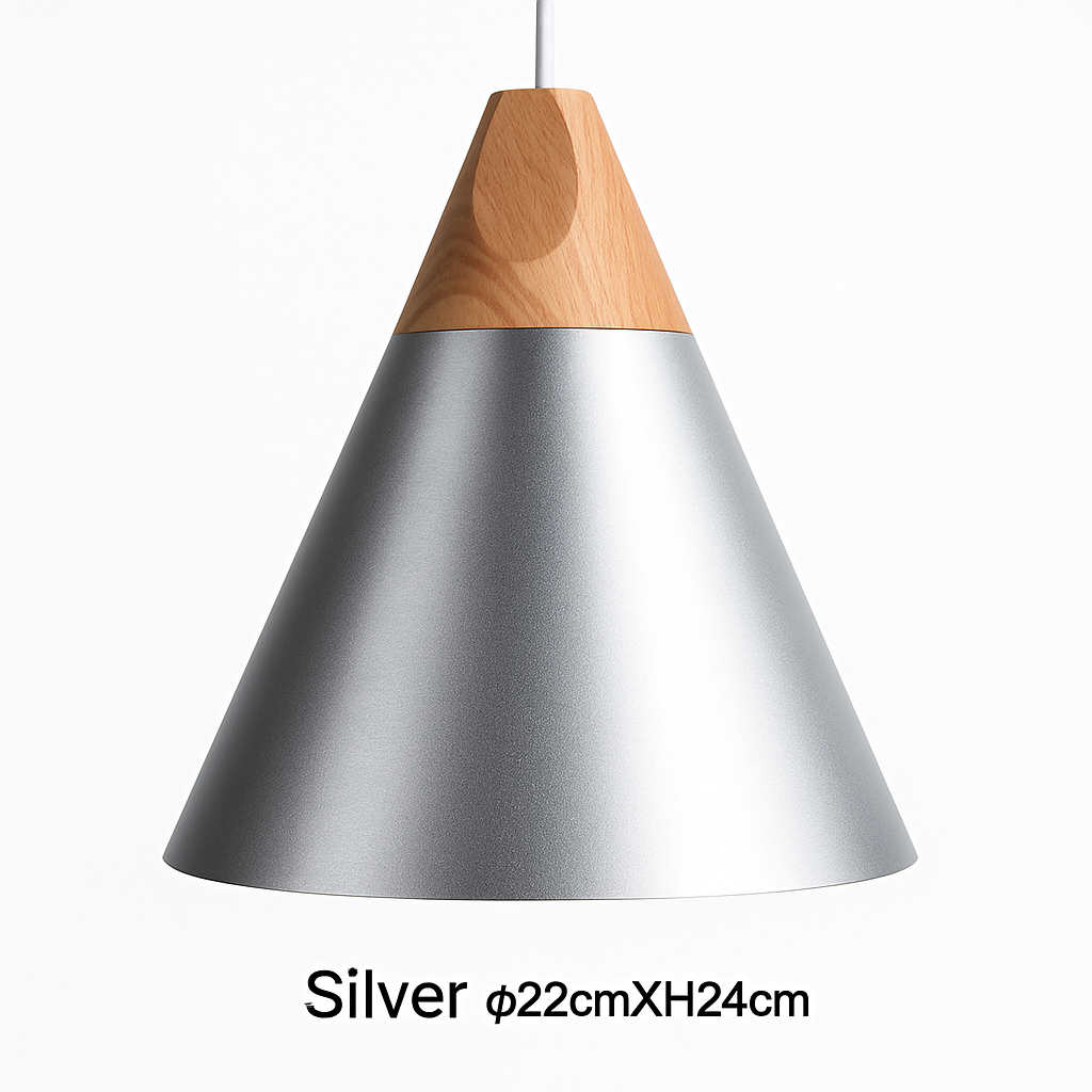 Sospensione LED in legno e alluminio a forma di cono