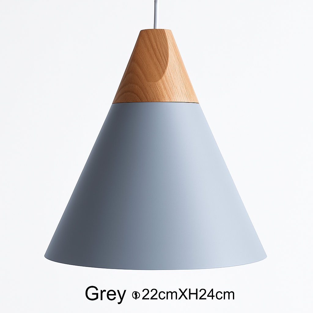 Sospensione LED in legno e alluminio a forma di cono