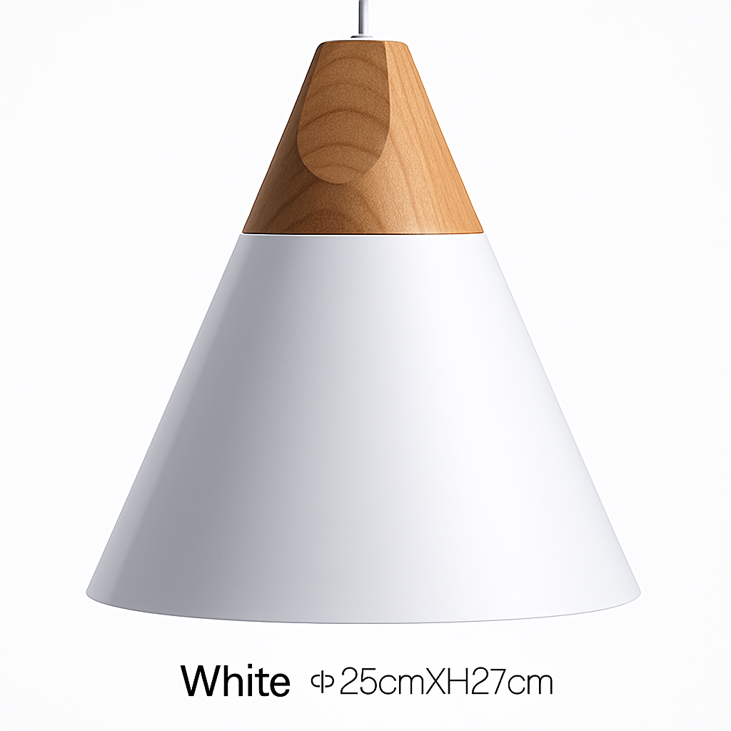 Sospensione LED in legno e alluminio a forma di cono