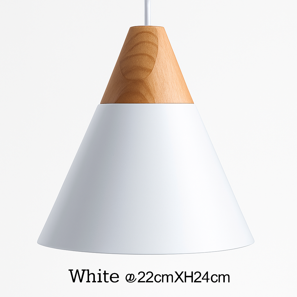 Sospensione LED in legno e alluminio a forma di cono