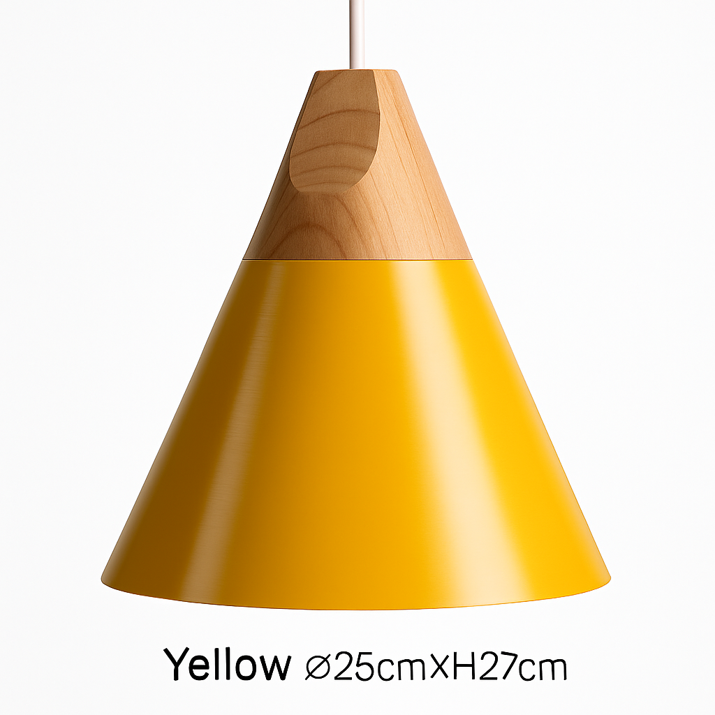 Sospensione LED in legno e alluminio a forma di cono