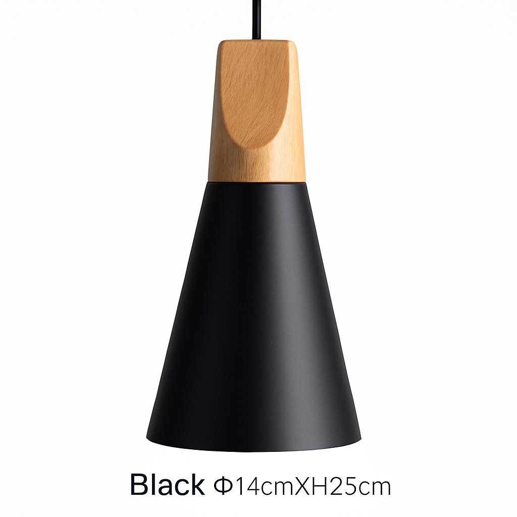 Sospensione LED in legno e alluminio a forma di cono