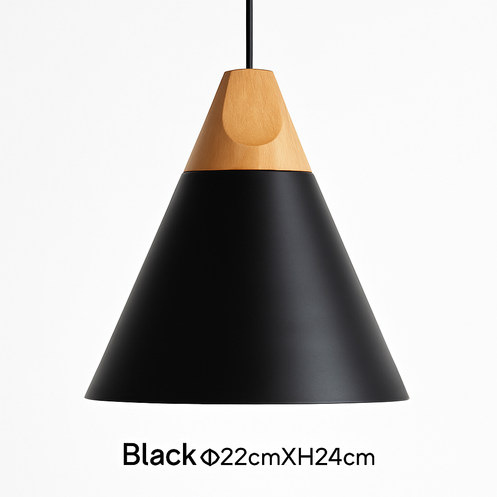 Sospensione LED in legno e alluminio a forma di cono