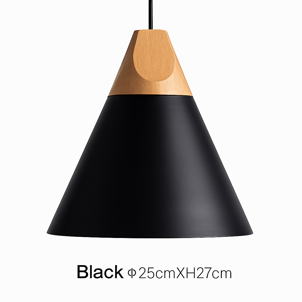 Sospensione LED in legno e alluminio a forma di cono