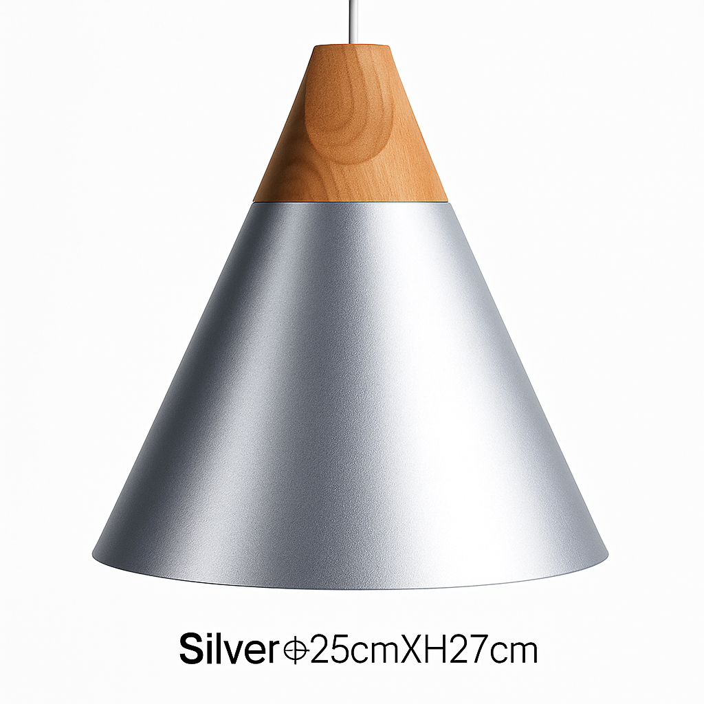 Sospensione LED in legno e alluminio a forma di cono