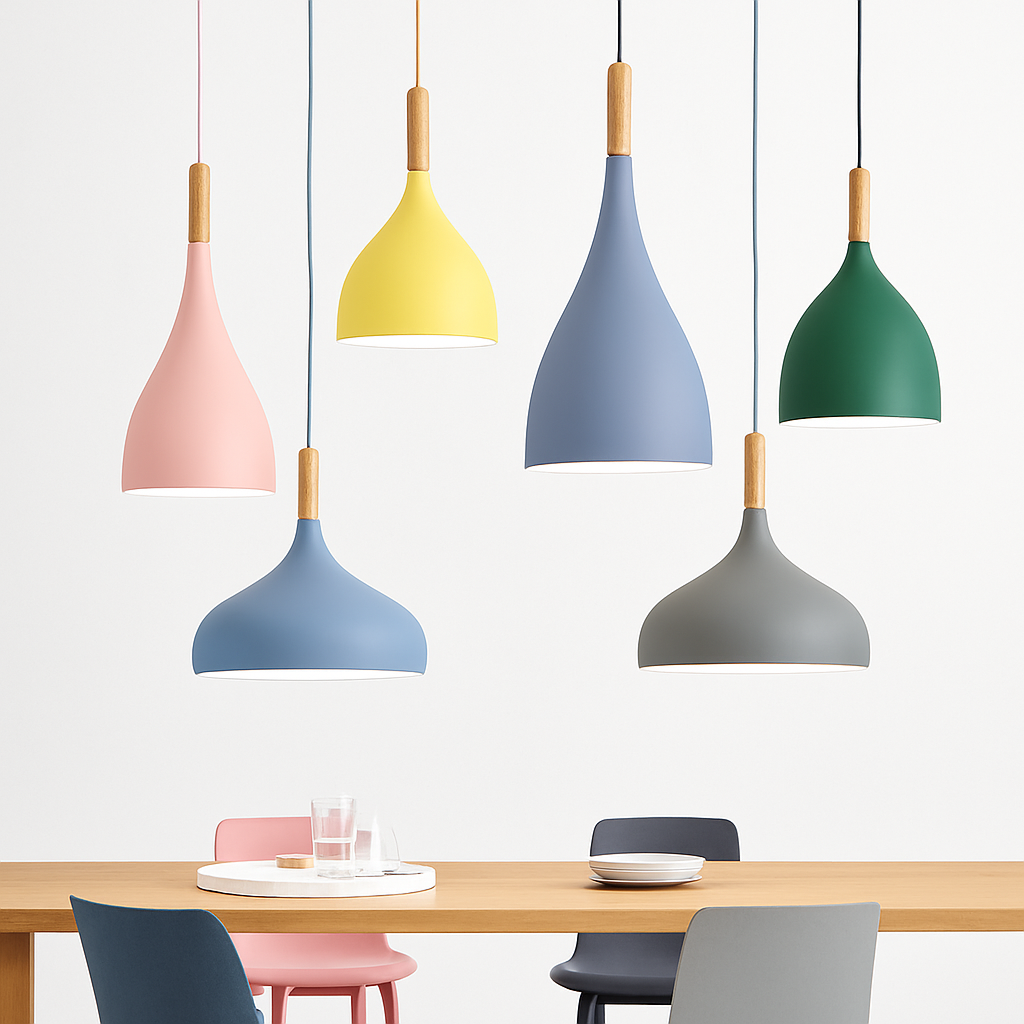 Sospensione LED in metallo colorato e bastone in legno Nordic