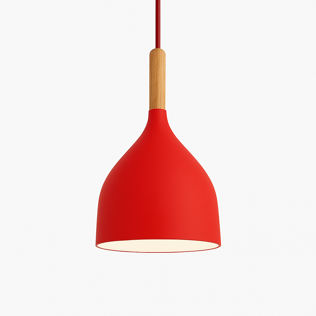 Sospensione LED in metallo colorato e bastone in legno Nordic