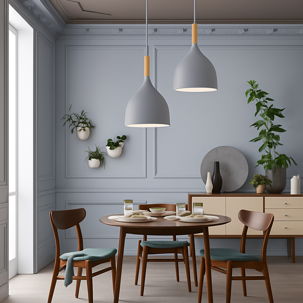 Sospensione LED in metallo colorato e bastone in legno Nordic