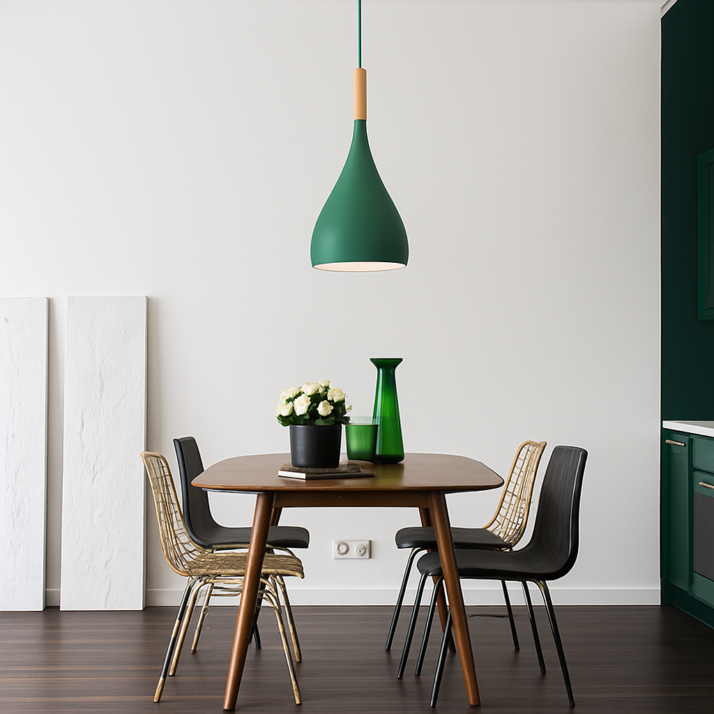Sospensione LED in metallo colorato e bastone in legno Nordic