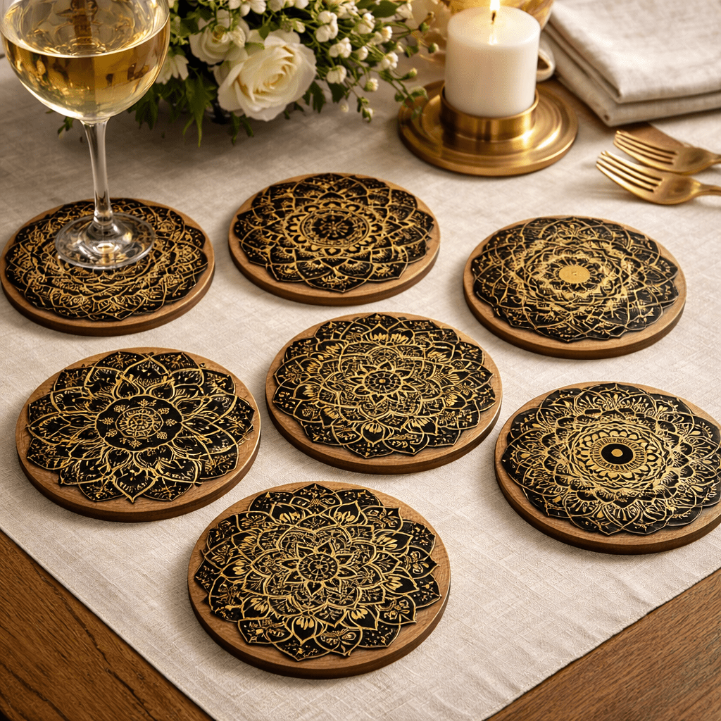 TABLEVA – Elegante Sottobicchiere Rotondo in Legno con Design Mandala