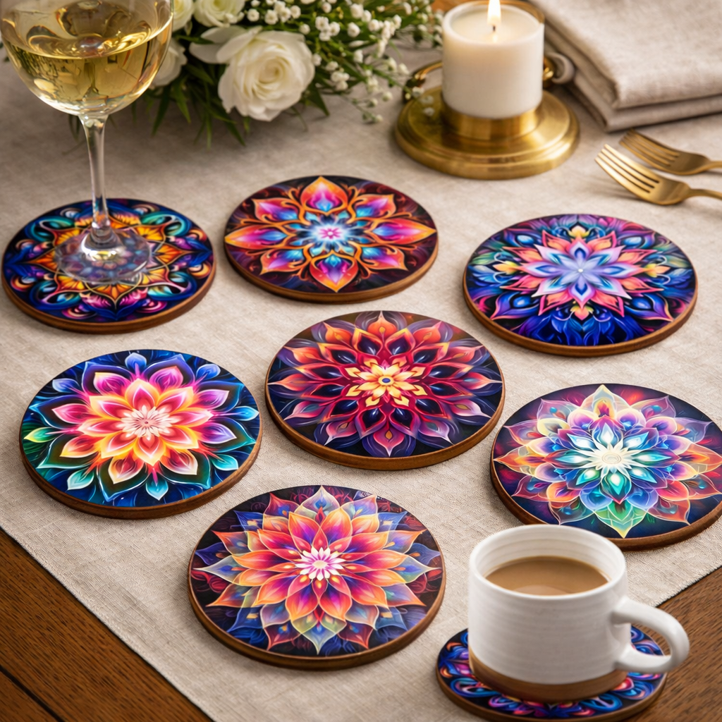 TABLEVA – Elegante Sottobicchiere Rotondo in Legno con Design Mandala