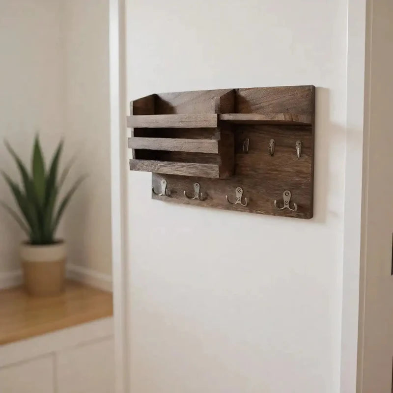 Portachiavi da muro in legno massello vintage con ganci e ripiano di stoccaggio