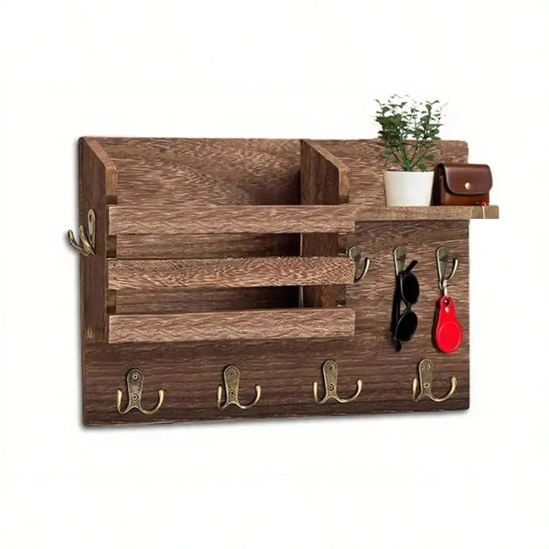 Portachiavi da muro in legno massello vintage con ganci e ripiano di stoccaggio