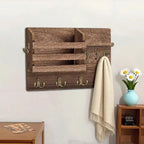 Portachiavi da muro in legno massello vintage con ganci e ripiano di stoccaggio