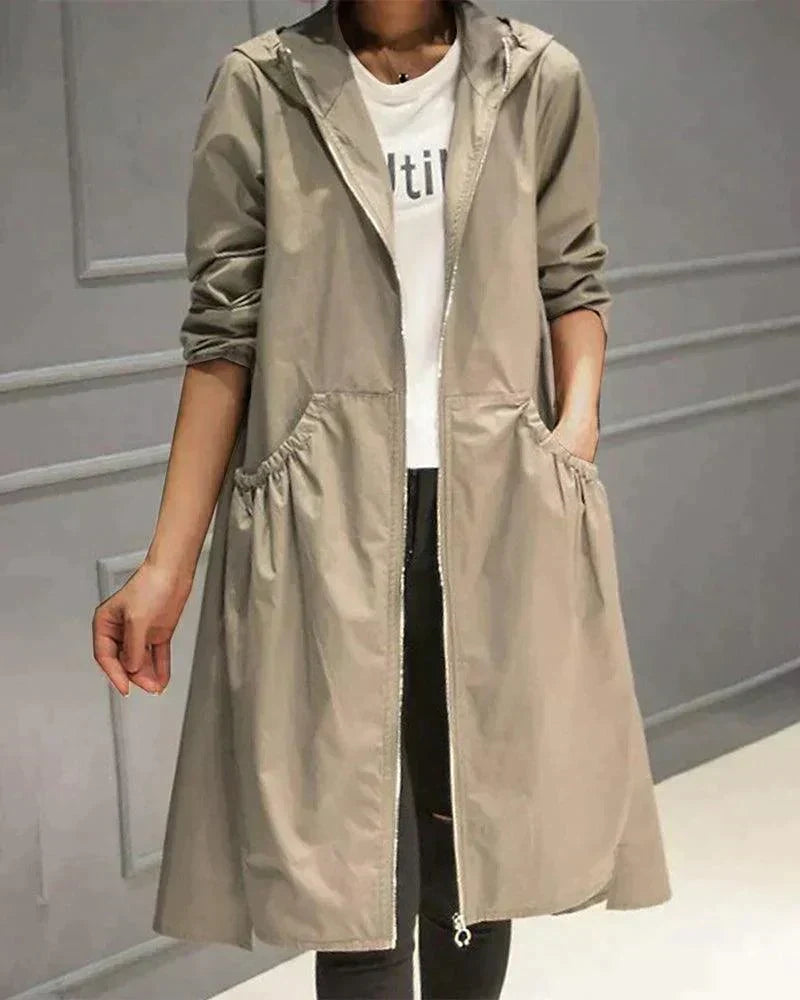 Impermeabile Lungo da Donna con Cappuccio – Giacca Leggera con Zip e Tasche Ampie