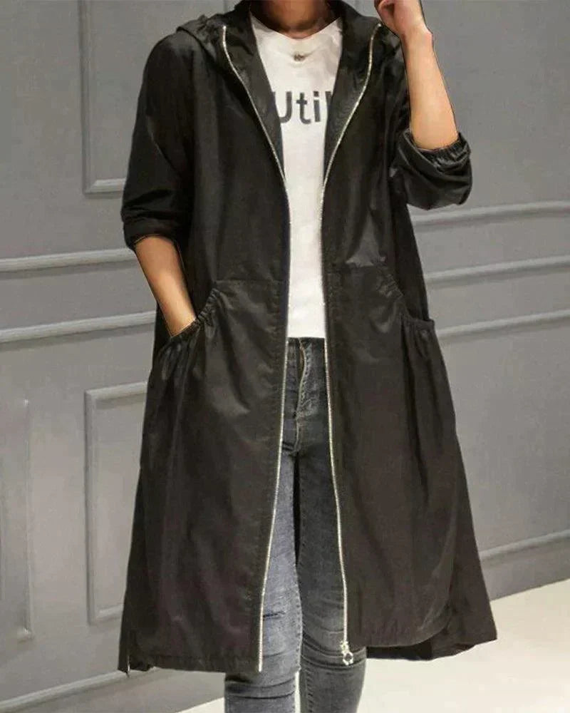 Impermeabile Lungo da Donna con Cappuccio – Giacca Leggera con Zip e Tasche Ampie
