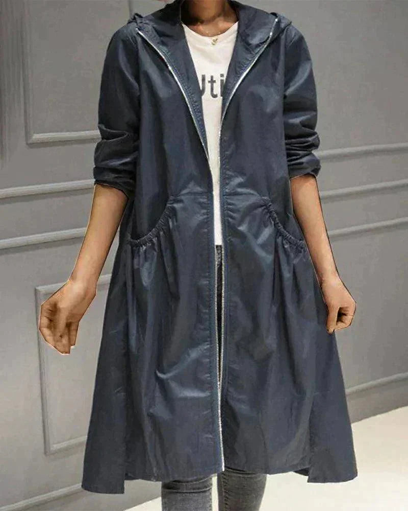 Impermeabile Lungo da Donna con Cappuccio – Giacca Leggera con Zip e Tasche Ampie