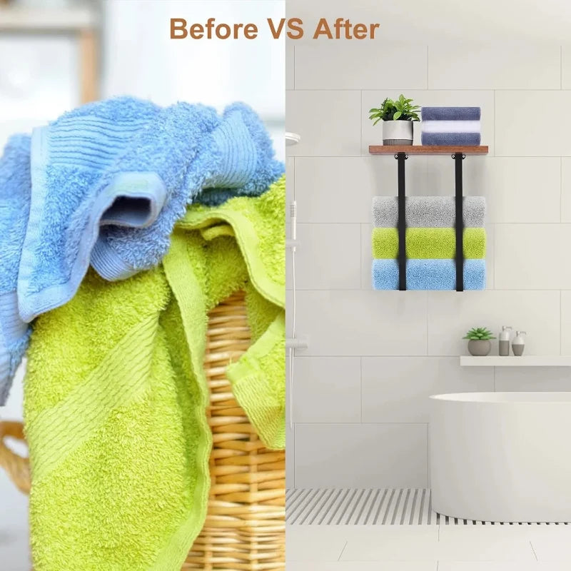Ripiano per Asciugamani in Metallo da Parete con Mensola in Legno Organizzatore per Bagno