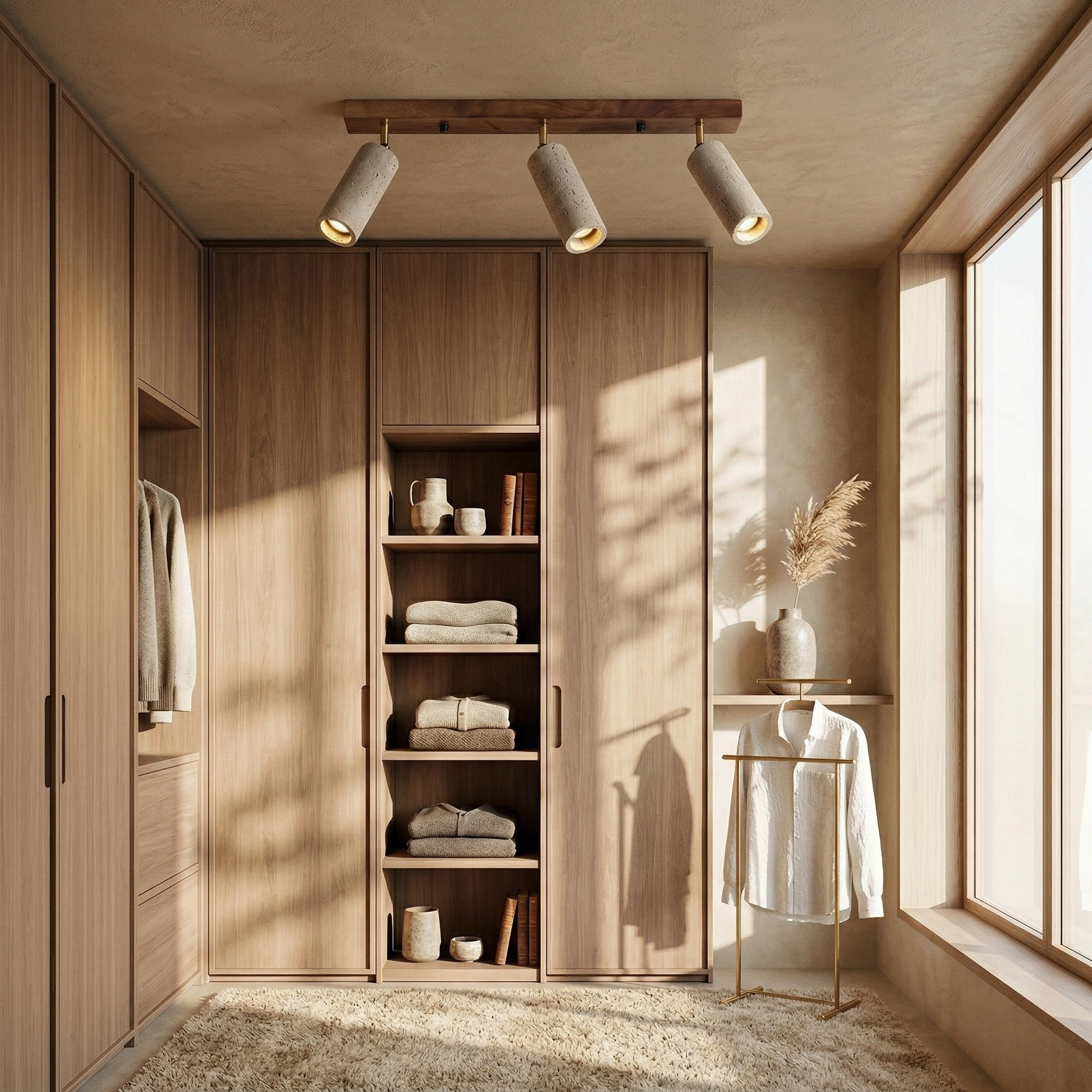 Plafoniera LED Design Moderno con Faretti Orientabili in Legno e Pietra