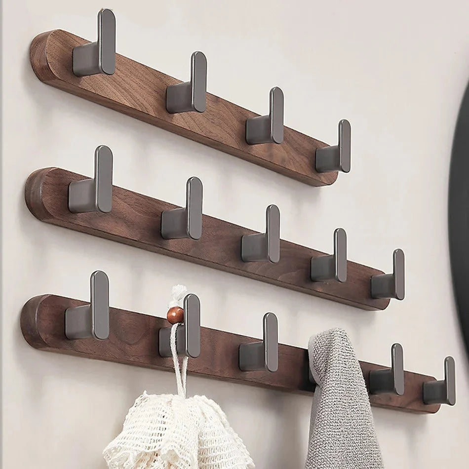 Gancio da Parete in Legno di Noce e Alluminio 3-5 File per Asciugamani da Bagno