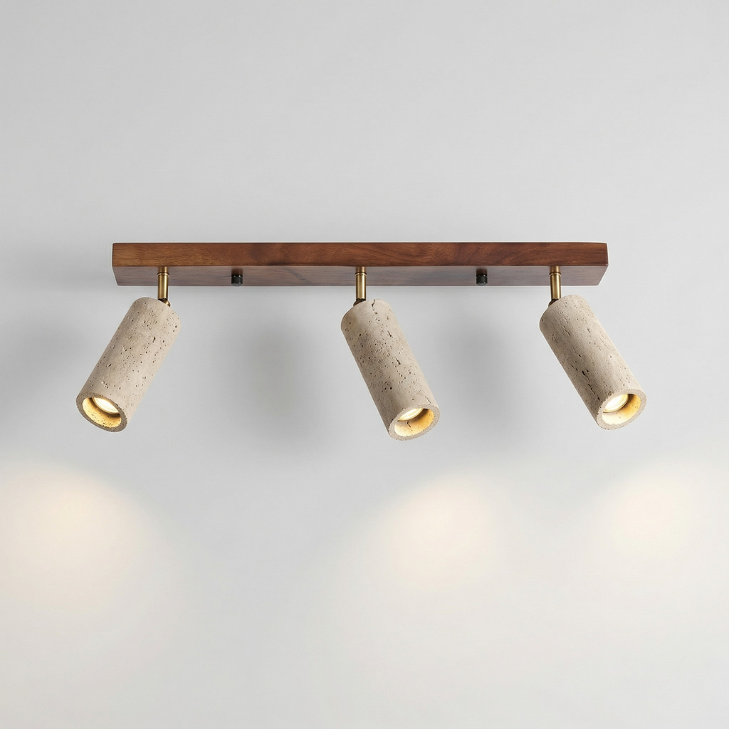 Plafoniera LED Design Moderno con Faretti Orientabili in Legno e Pietra