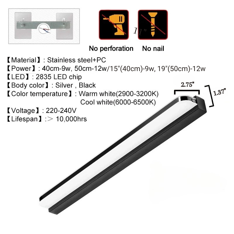 Lampada da Parete a LED con Specchio Impermeabile in Acciaio Inossidabile per Bagno