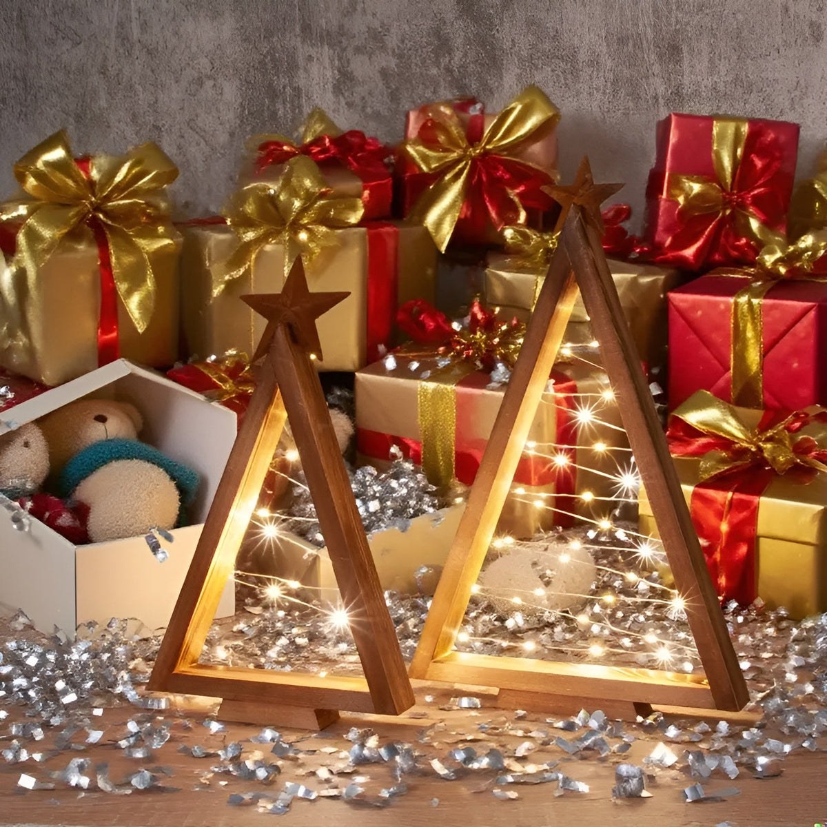 Albero di Natale in legno – Illuminato in Bianco Caldo | Perfetto per Tavolo, Camino & Decorazioni Festive