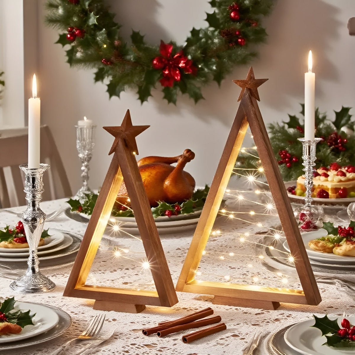 Albero di Natale in legno – Illuminato in Bianco Caldo | Perfetto per Tavolo, Camino & Decorazioni Festive