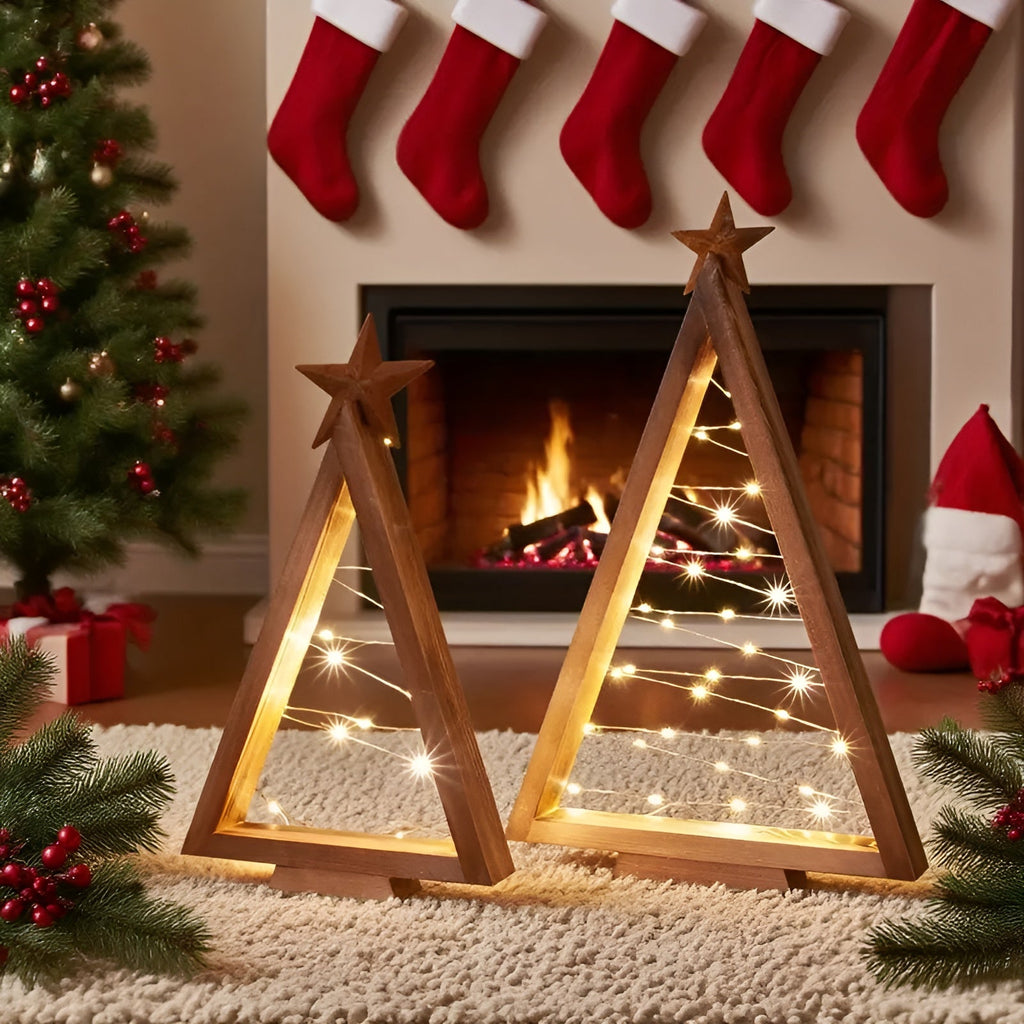 Albero di Natale in legno – Illuminato in Bianco Caldo | Perfetto per Tavolo, Camino & Decorazioni Festive